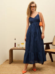 Women Navy Schiffli V-Neck Smocked Back Strappy Midi Dress-SFDRSS12885