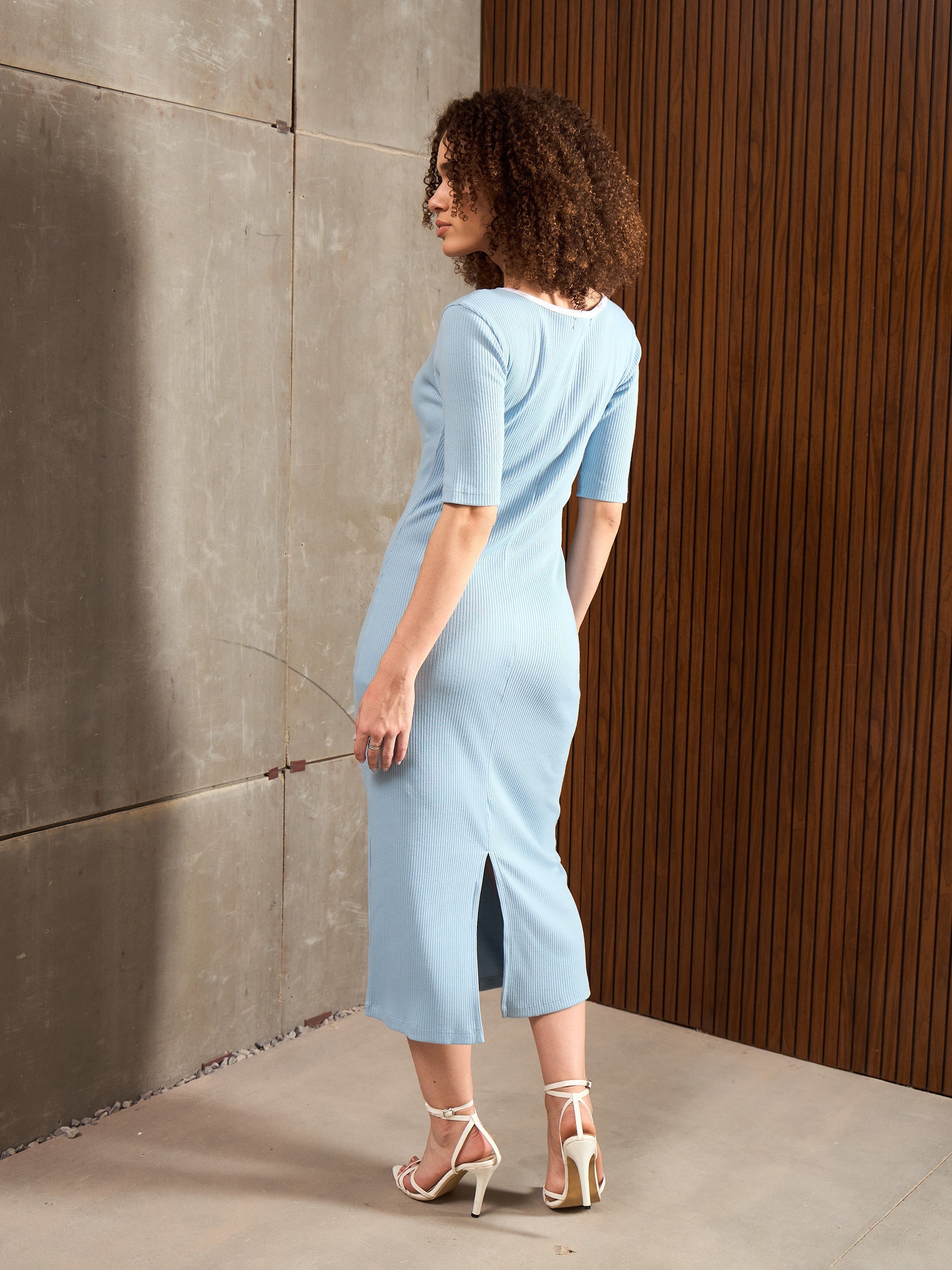 Women Blue Rib Sweatheart Contrast Neck Midi Dress-SFDRSS12886