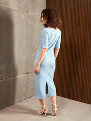 Women Blue Rib Sweatheart Contrast Neck Midi Dress-SFDRSS12886