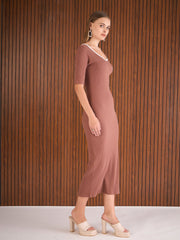 Women Brown Rib Sweatheart Contrast Neck Midi Dress-SFDRSS12887