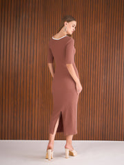 Women Brown Rib Sweatheart Contrast Neck Midi Dress-SFDRSS12887