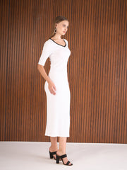 Women White Rib Sweatheart Contrast Neck Midi Dress-SFDRSS12888