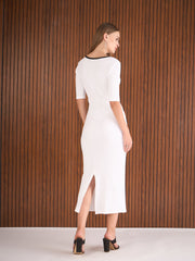 Women White Rib Sweatheart Contrast Neck Midi Dress-SFDRSS12888