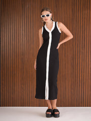 Women Black Rib With White Contrast Button Maxi Dress-SFDRSS12890