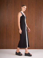 Women Black Rib With White Contrast Button Maxi Dress-SFDRSS12890