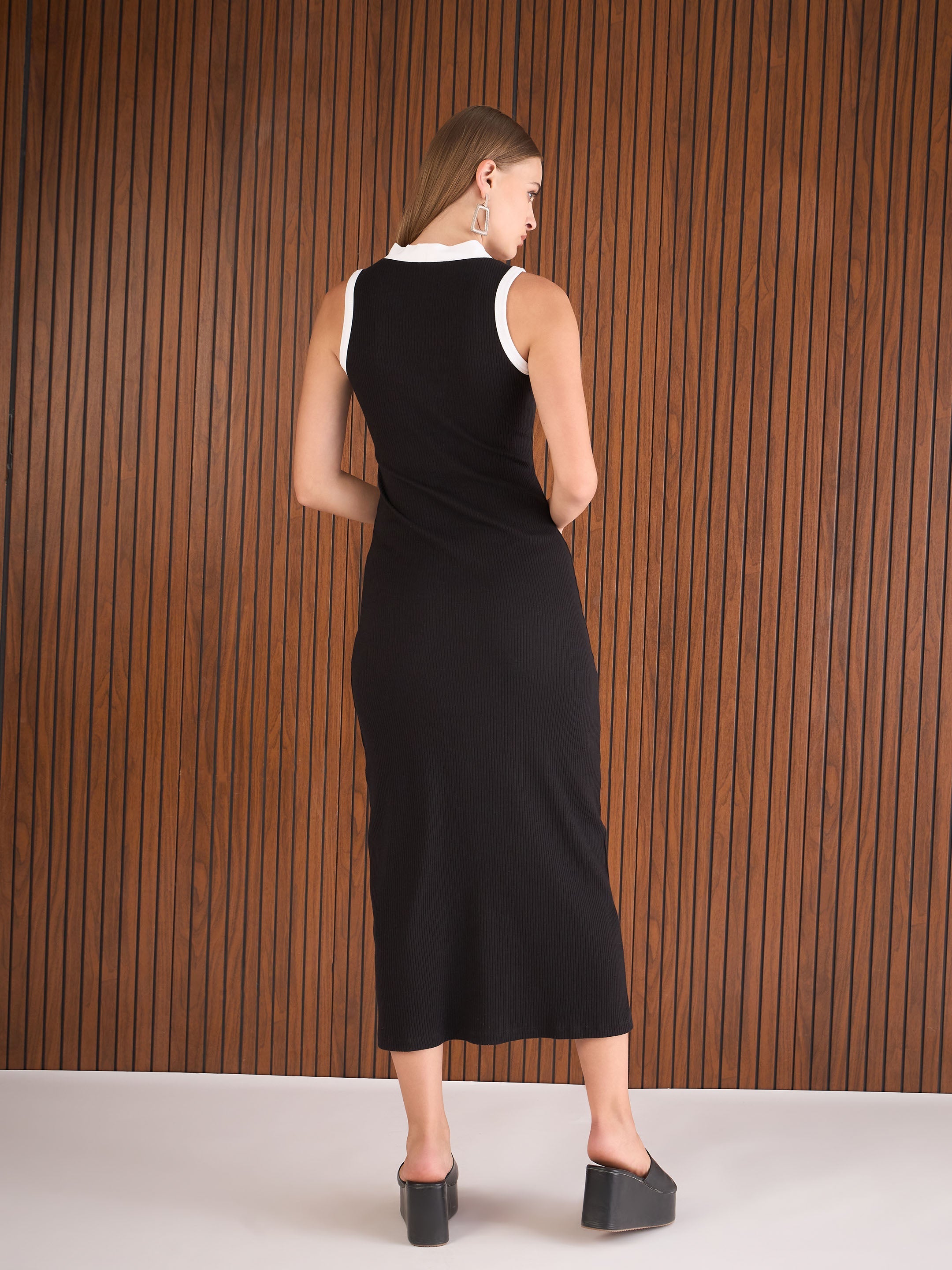 Women Black Rib With White Contrast Button Maxi Dress-SFDRSS12890