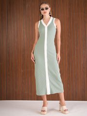 Women Green Rib With White Contrast Button Maxi Dress-SFDRSS12891
