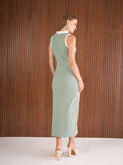 Women Green Rib With White Contrast Button Maxi Dress-SFDRSS12891