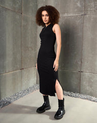 Women Black Rib Sleeveless Hooded Maxi Dress-SFDRSS12895