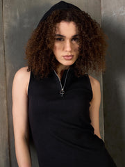 Women Black Rib Sleeveless Hooded Maxi Dress-SFDRSS12895