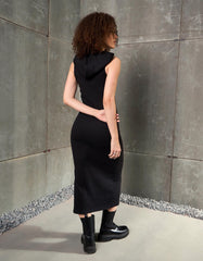 Women Black Rib Sleeveless Hooded Maxi Dress-SFDRSS12895