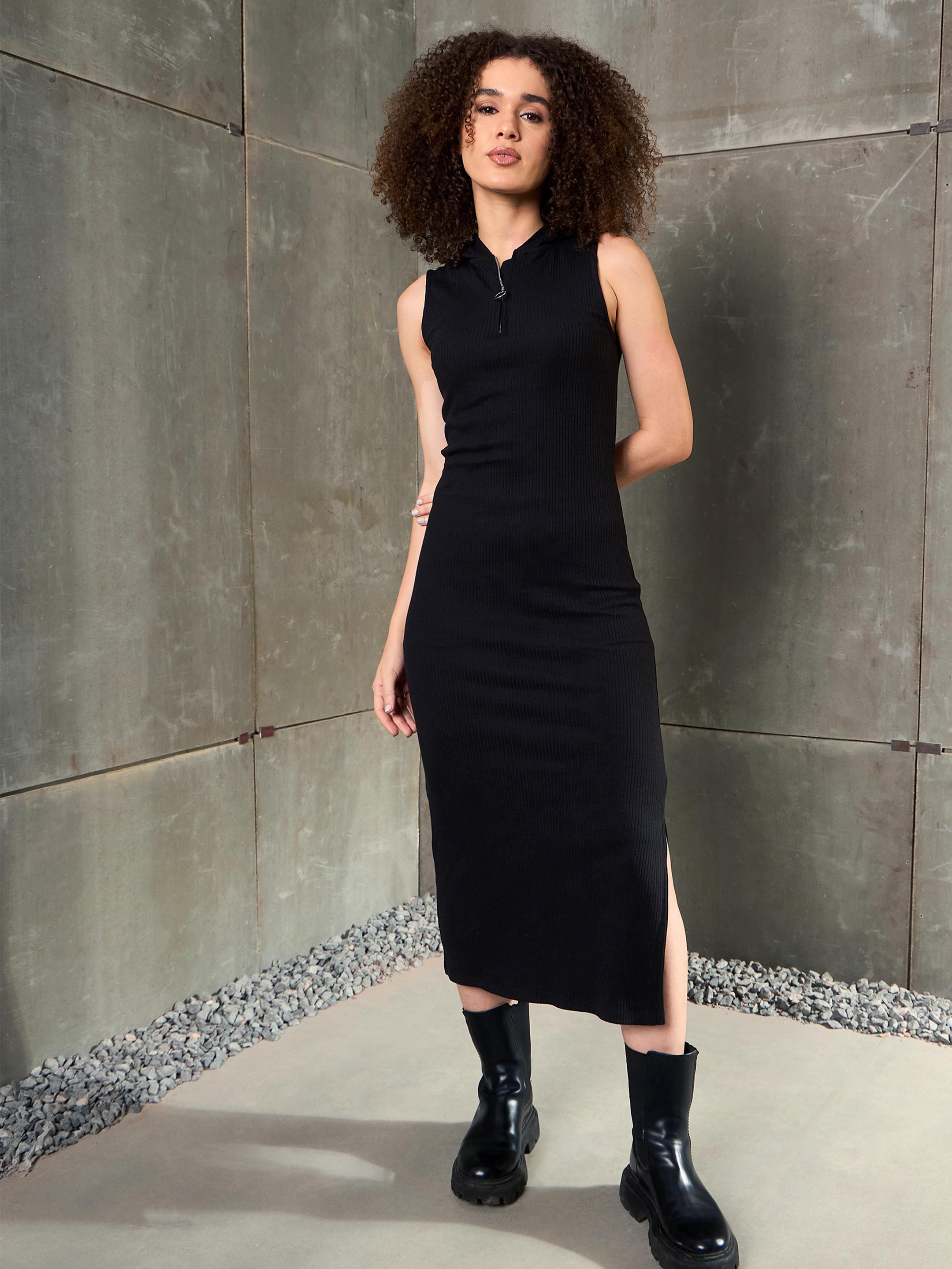 Women Black Rib Sleeveless Hooded Maxi Dress-SFDRSS12895