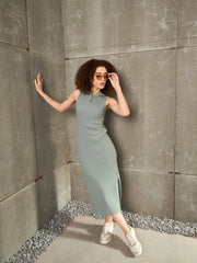 Women Green Rib Sleeveless Hooded Maxi Dress-SFDRSS12897