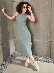 Women Green Rib Sleeveless Hooded Maxi Dress-SFDRSS12897