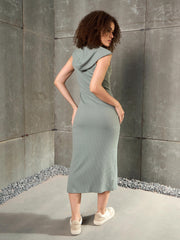 Women Green Rib Sleeveless Hooded Maxi Dress-SFDRSS12897
