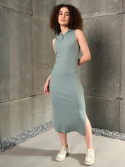 Women Green Rib Sleeveless Hooded Maxi Dress-SFDRSS12897
