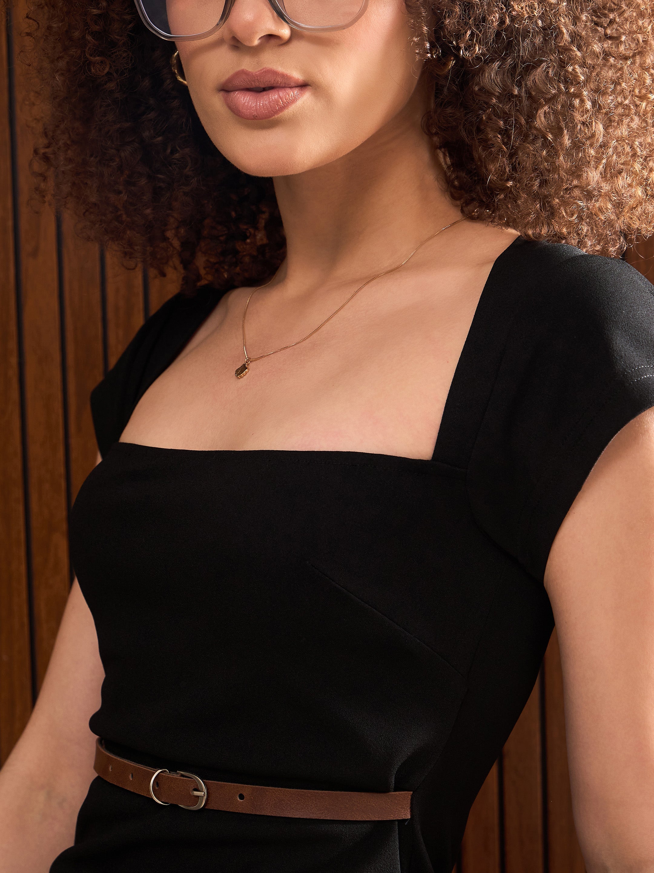 Women Black Rhombus Neck Belted Bodycon Midi Dress-SFDRSS12898