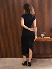 Women Black Rhombus Neck Belted Bodycon Midi Dress-SFDRSS12898