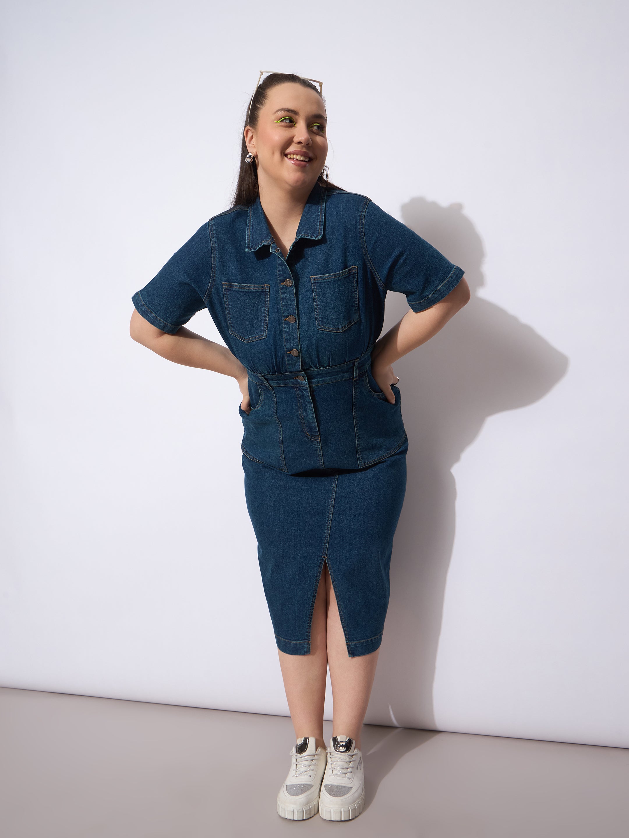 Women Navy Wash Denim Front Slit Midi Dress-SFDRSS12901