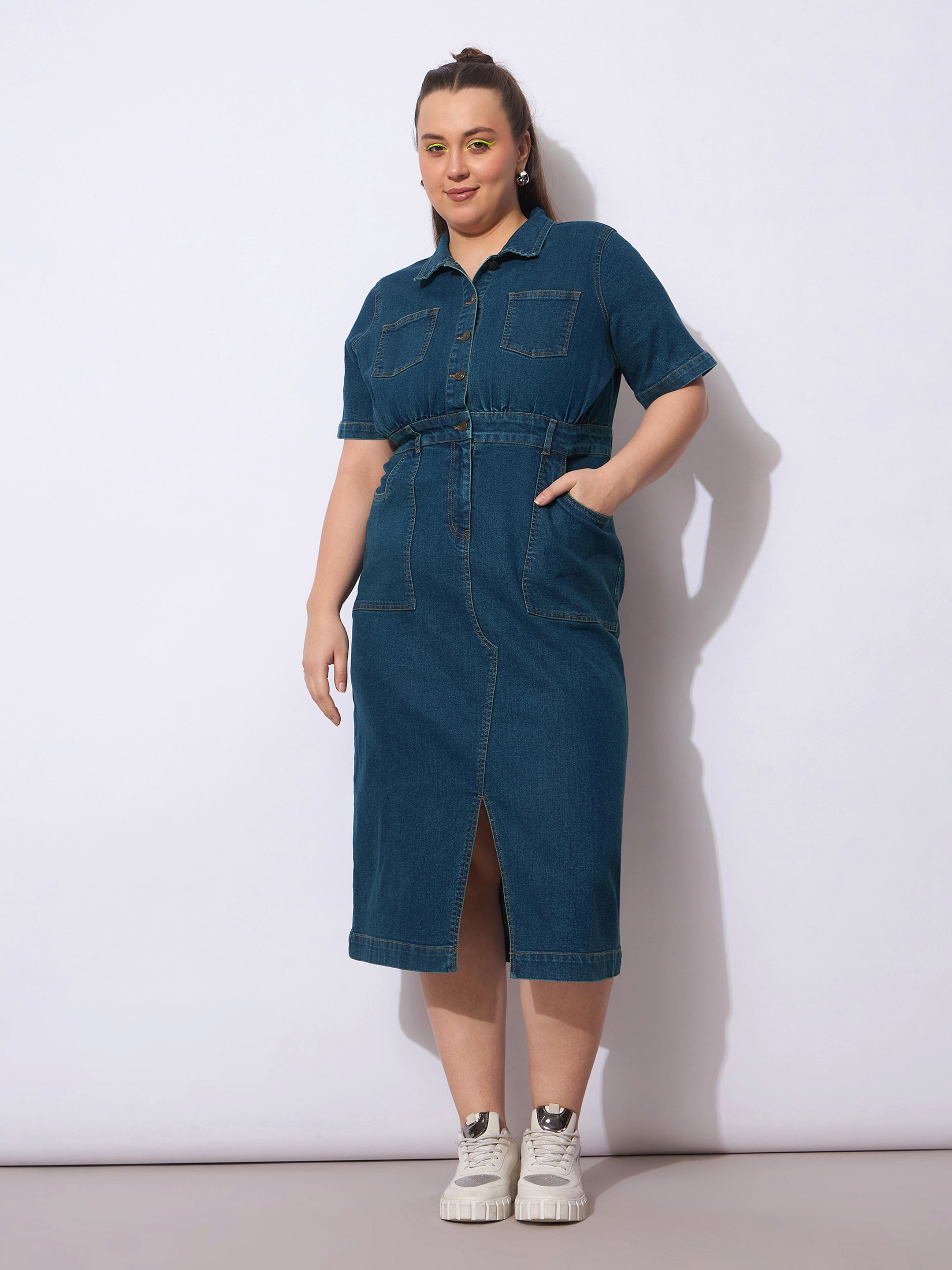 Women Navy Wash Denim Front Slit Midi Dress-SFDRSS12901