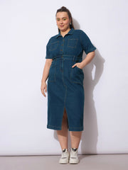 Women Navy Wash Denim Front Slit Midi Dress-SFDRSS12901