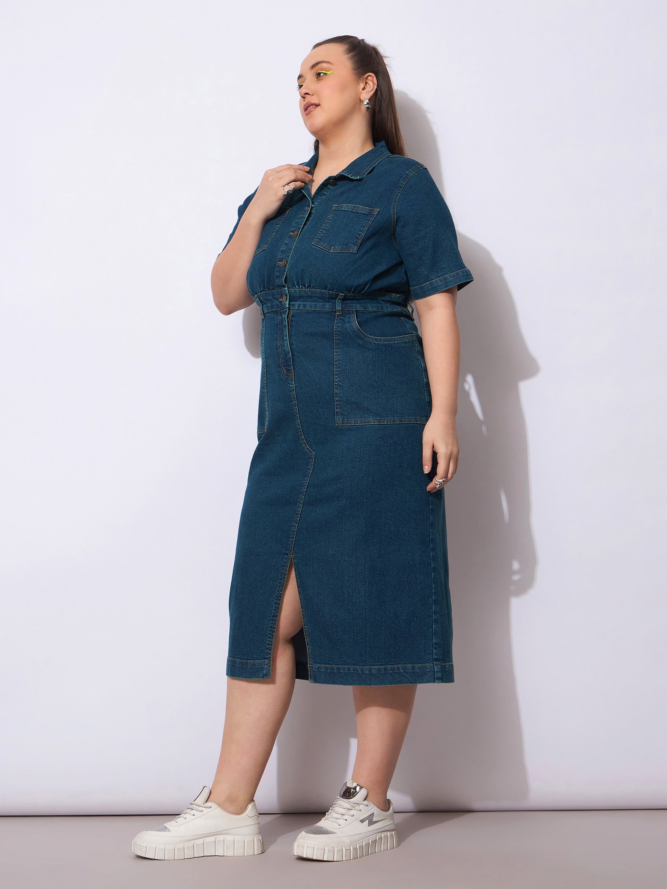 Women Navy Wash Denim Front Slit Midi Dress-SFDRSS12901