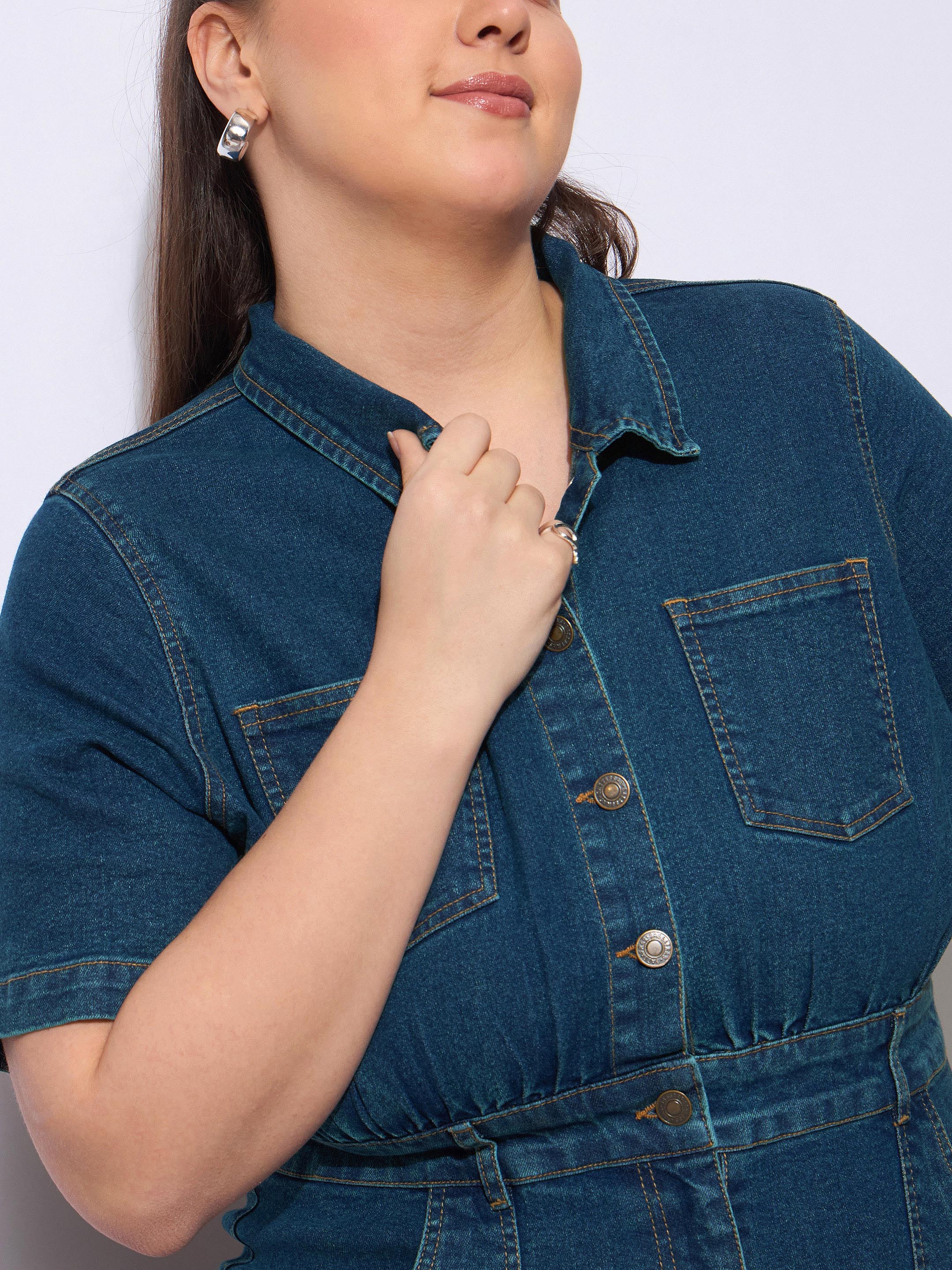 Women Navy Wash Denim Front Slit Midi Dress-SFDRSS12901