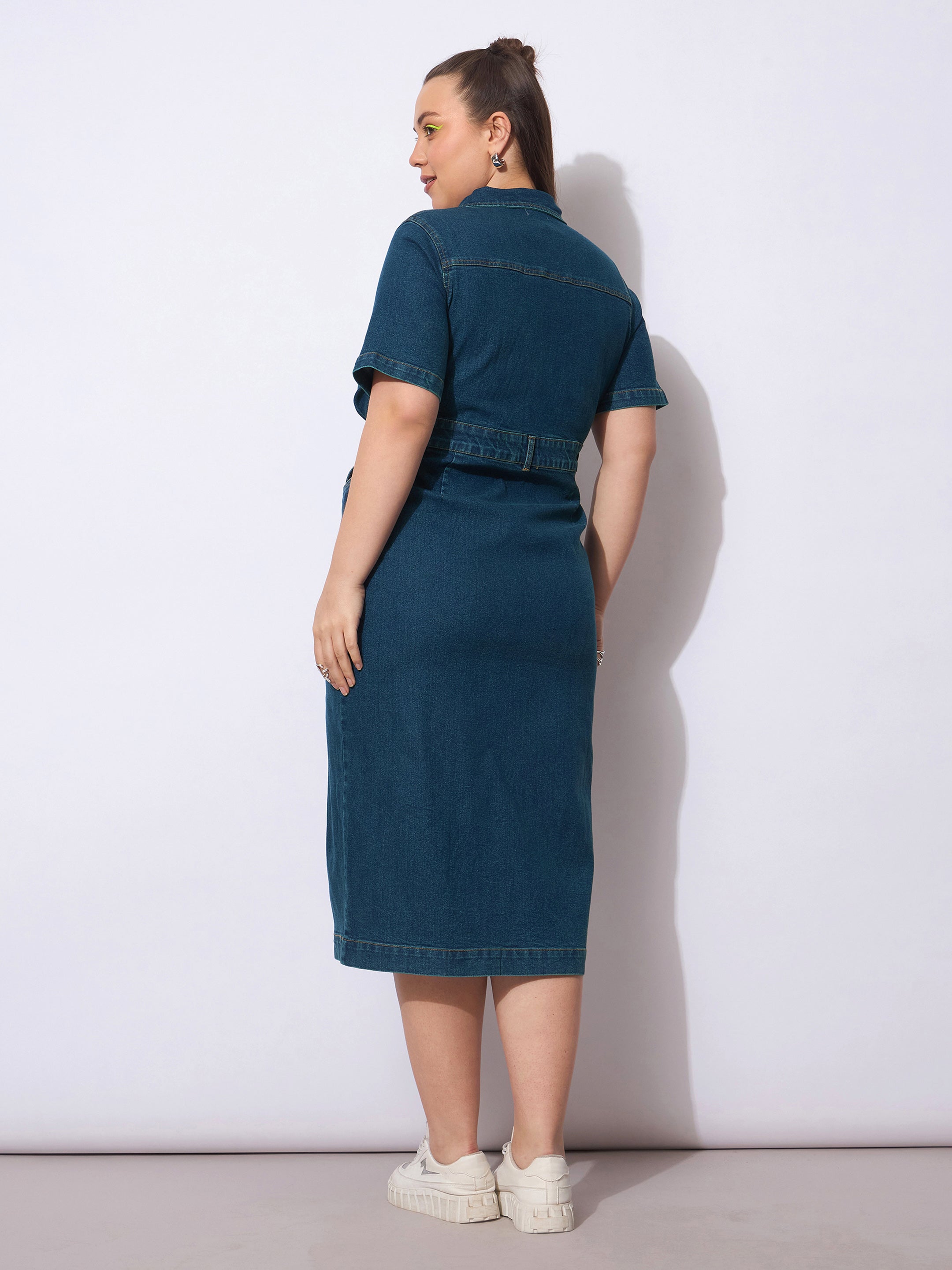 Women Navy Wash Denim Front Slit Midi Dress-SFDRSS12901