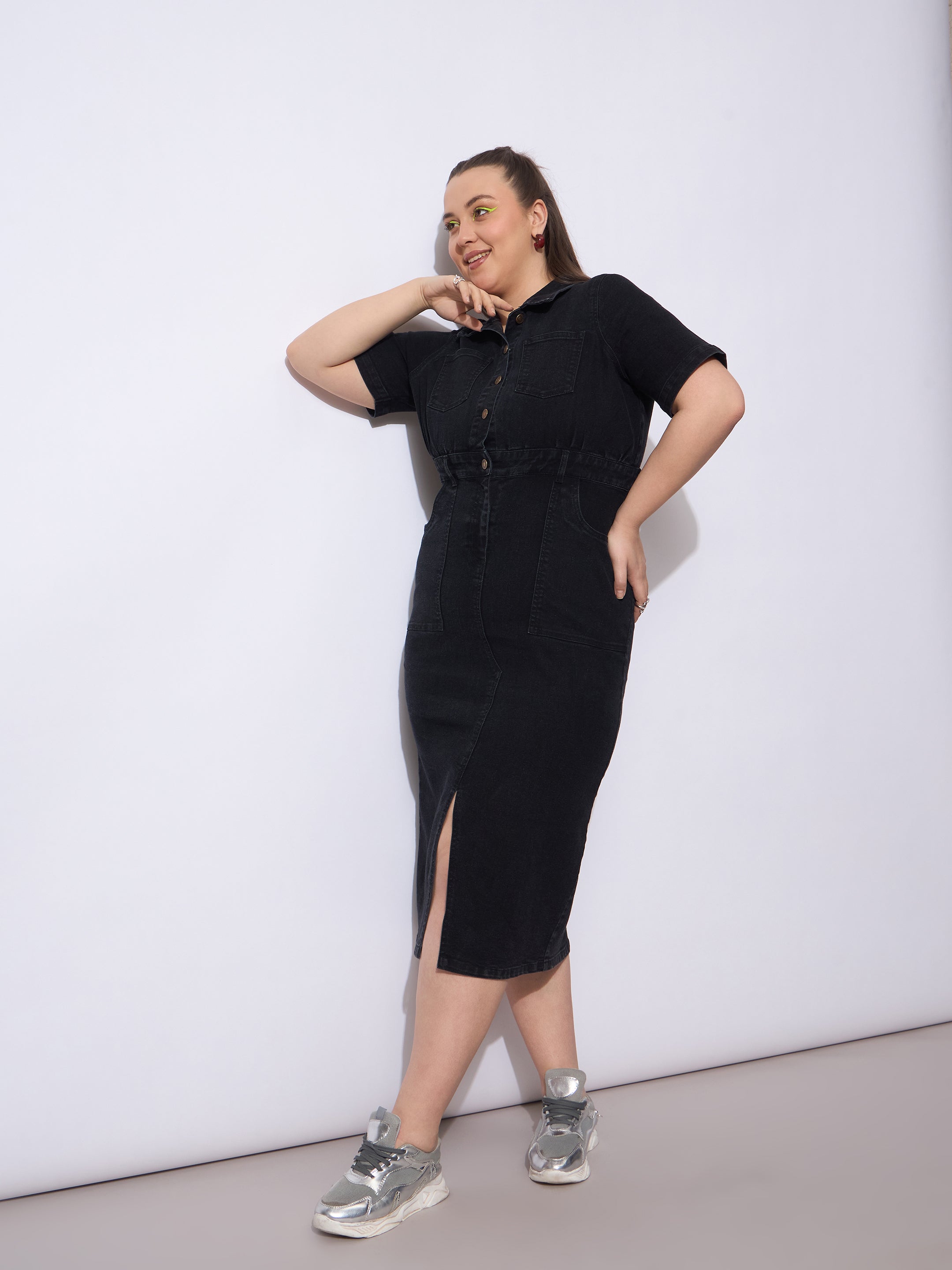 Women Black Wash Denim Front Slit Midi Dress-SFDRSS12902