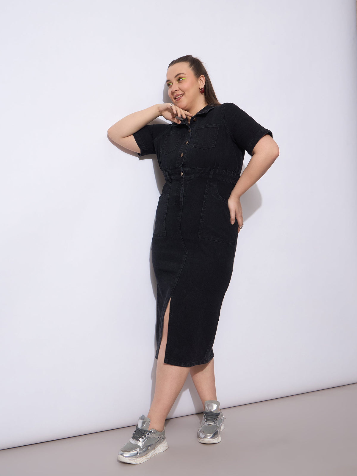 Women Black Wash Denim Front Slit Midi Dress-SFDRSS12902