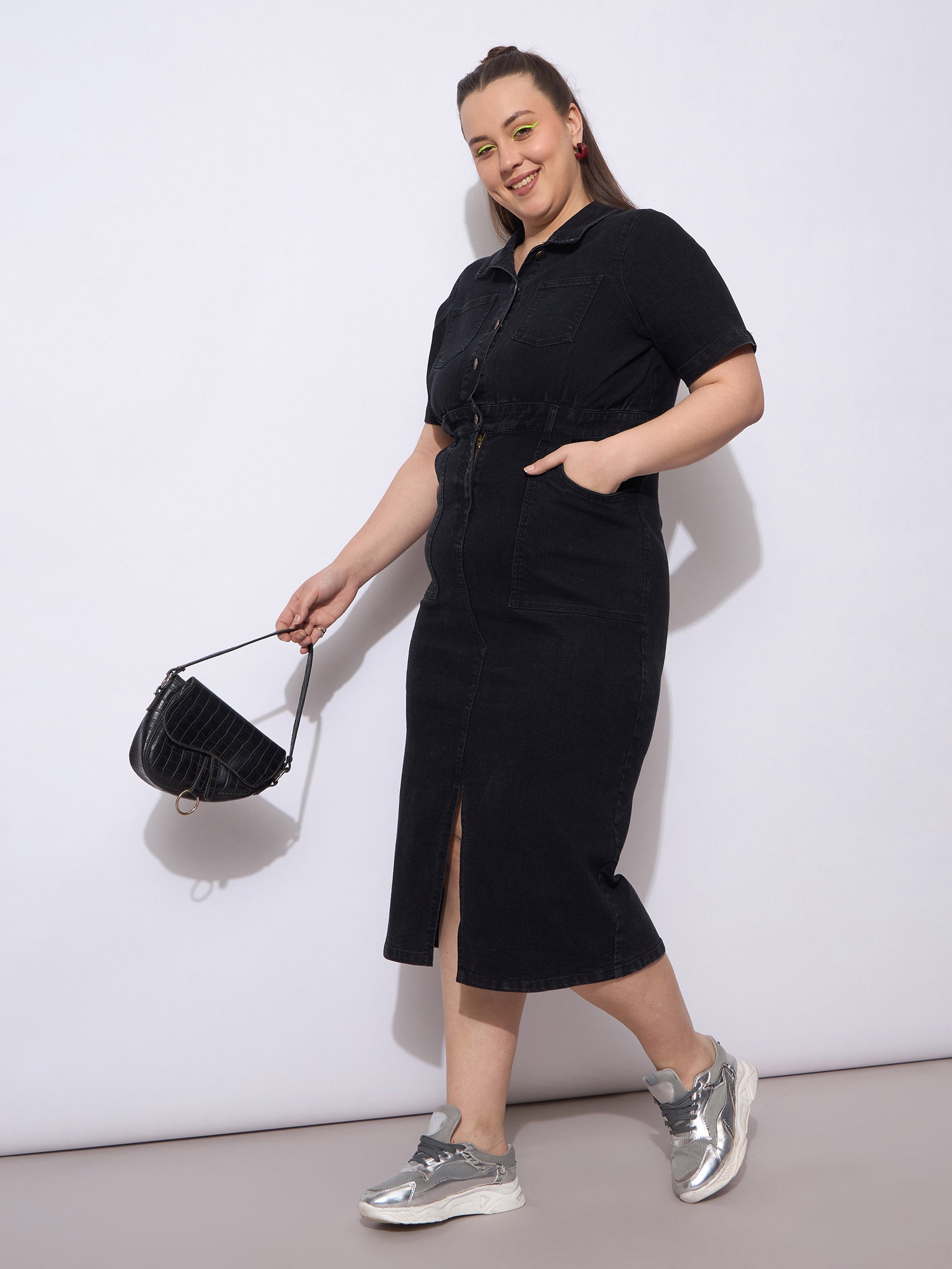 Women Black Wash Denim Front Slit Midi Dress-SFDRSS12902