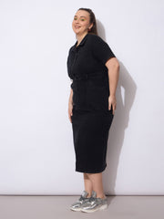 Women Black Wash Denim Front Slit Midi Dress-SFDRSS12902