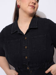 Women Black Wash Denim Front Slit Midi Dress-SFDRSS12902