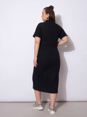 Women Black Wash Denim Front Slit Midi Dress-SFDRSS12902