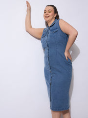 Women Blue Wash Denim Front Button Midi Dress-SFDRSS12903