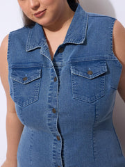 Women Blue Wash Denim Front Button Midi Dress-SFDRSS12903