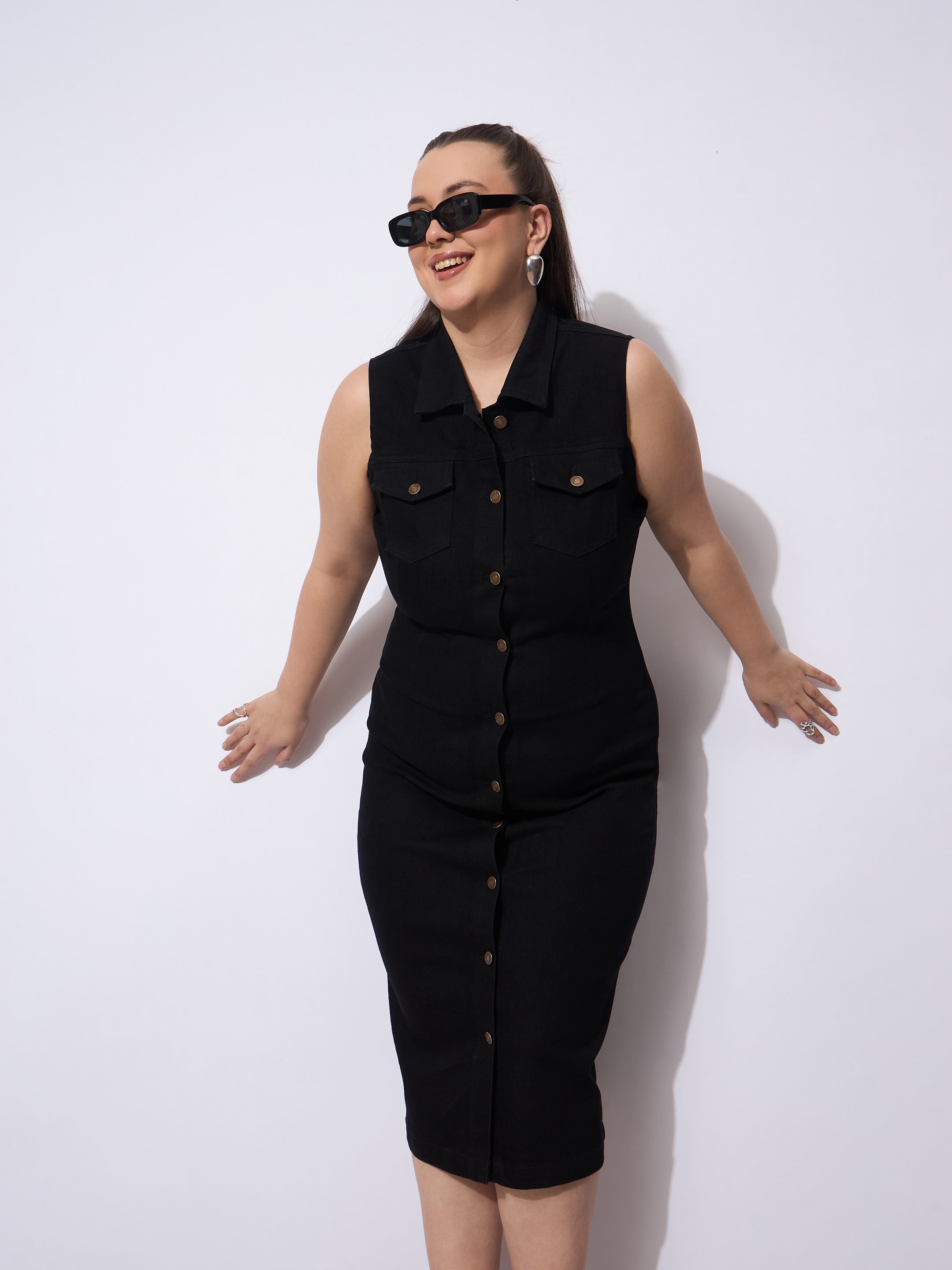 Women Black Wash Denim Front Button Midi Dress-SFDRSS12904