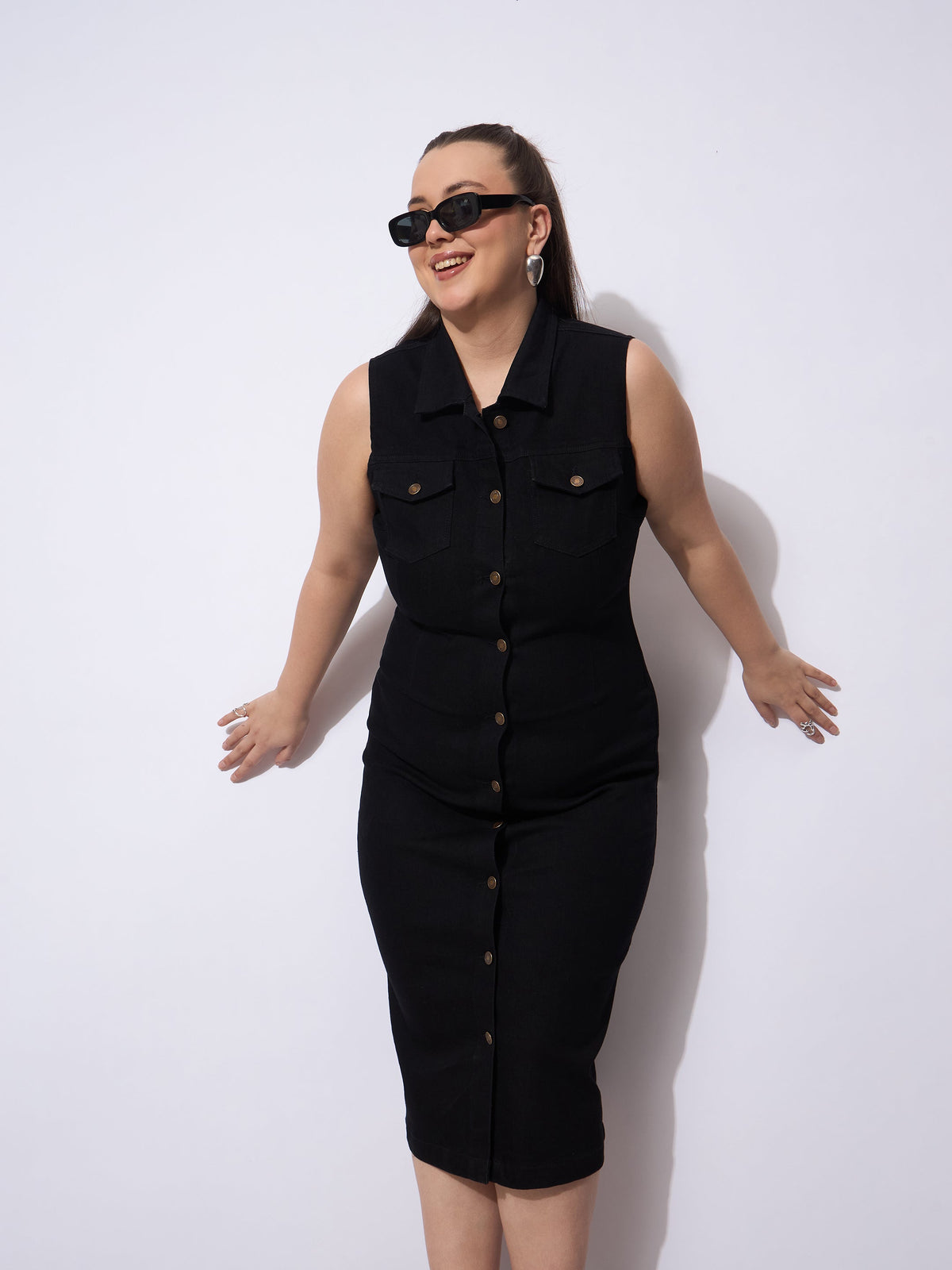 Women Black Wash Denim Front Button Midi Dress-SFDRSS12904