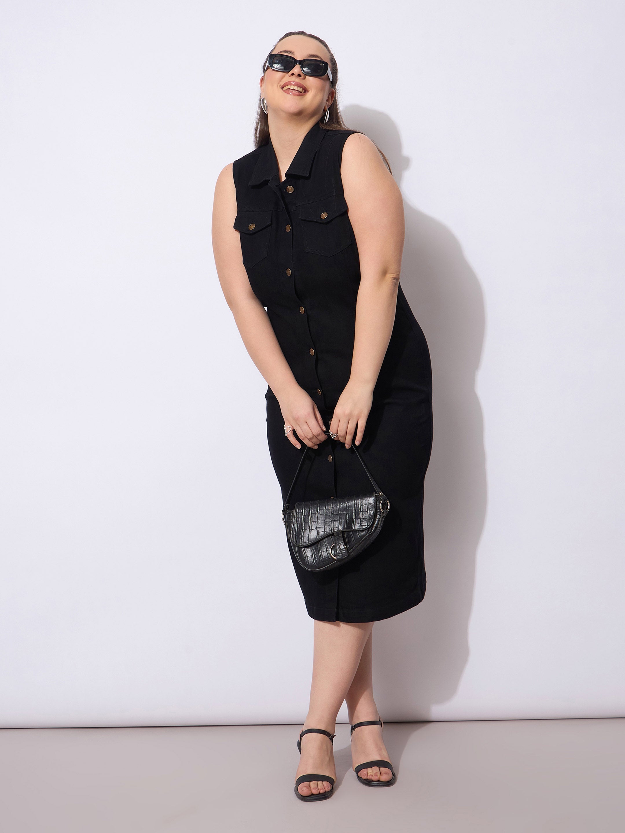Women Black Wash Denim Front Button Midi Dress-SFDRSS12904