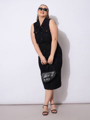 Women Black Wash Denim Front Button Midi Dress-SFDRSS12904