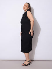 Women Black Wash Denim Front Button Midi Dress-SFDRSS12904