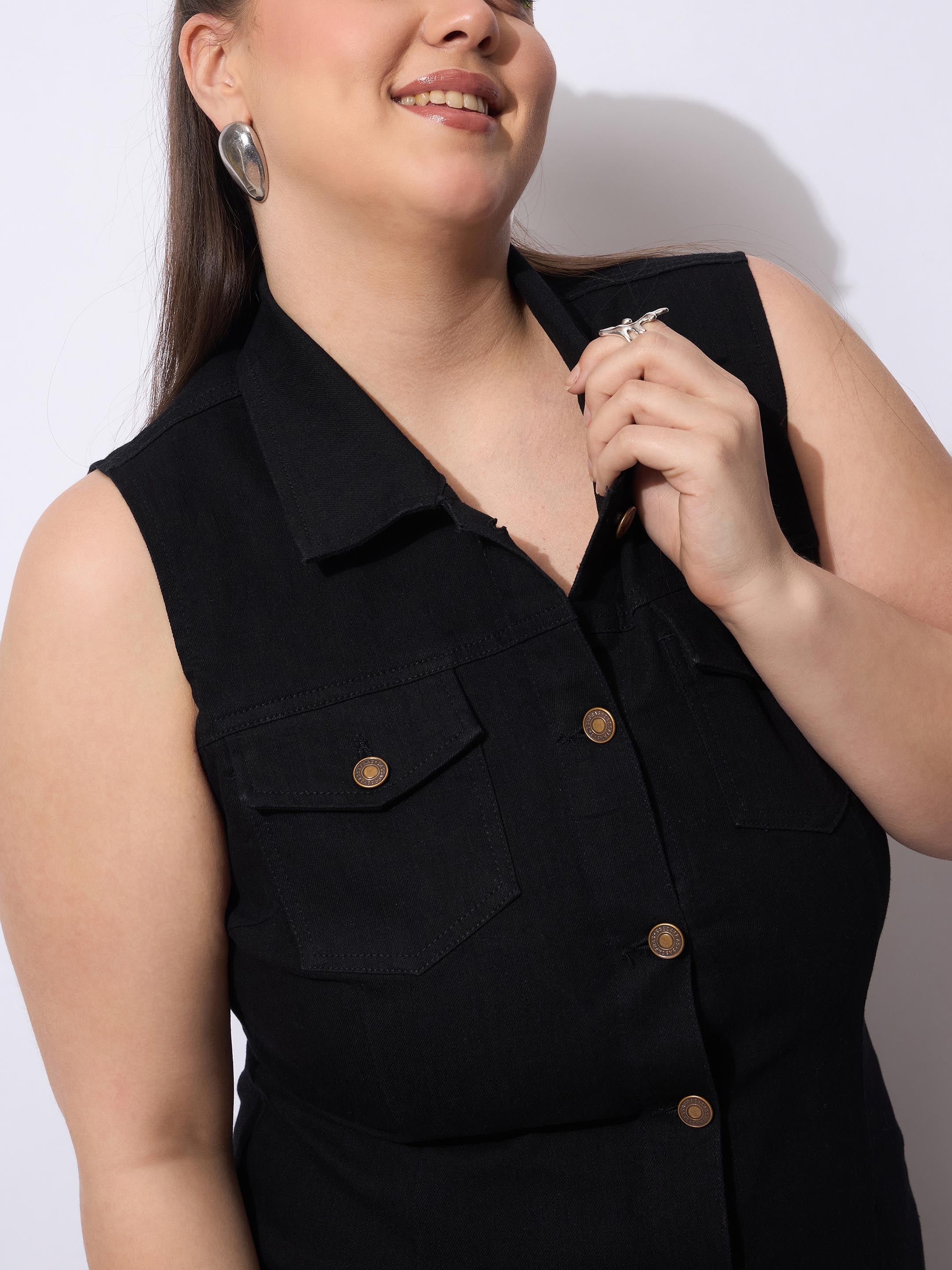 Women Black Wash Denim Front Button Midi Dress-SFDRSS12904