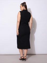 Women Black Wash Denim Front Button Midi Dress-SFDRSS12904