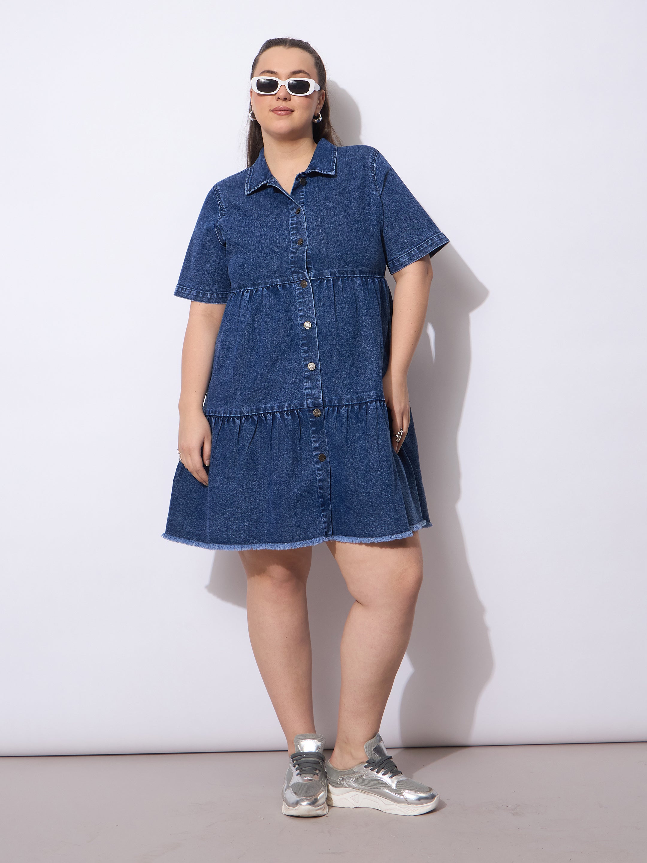 Women Navy Wash Denim Short Tiered Dress-SFDRSS12905