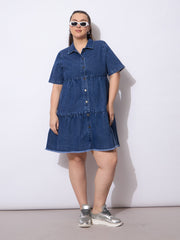 Women Navy Wash Denim Short Tiered Dress-SFDRSS12905