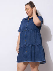 Women Navy Wash Denim Short Tiered Dress-SFDRSS12905