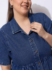 Women Navy Wash Denim Short Tiered Dress-SFDRSS12905