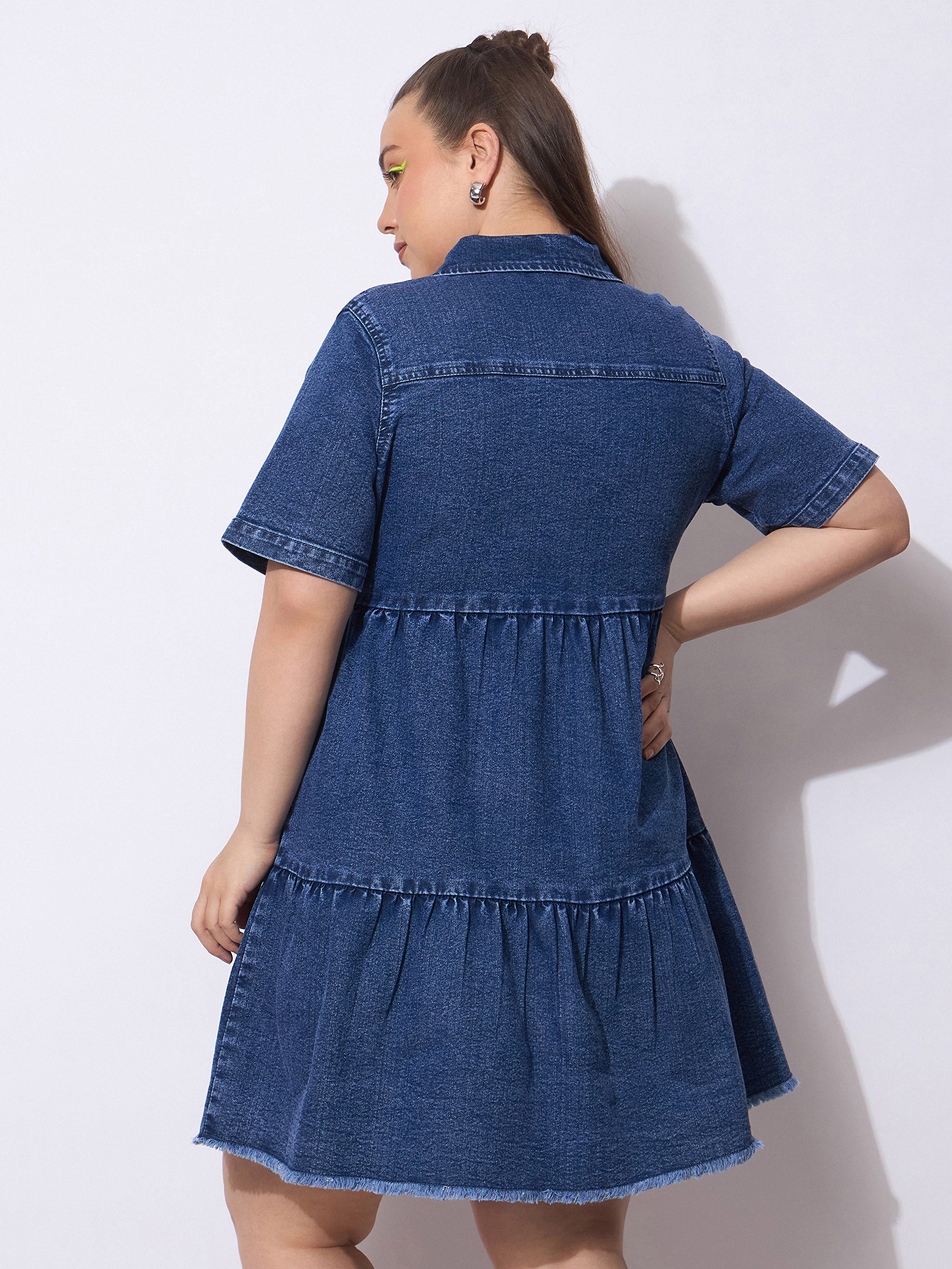 Women Navy Wash Denim Short Tiered Dress-SFDRSS12905