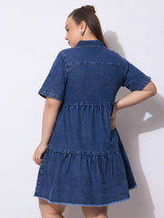 Women Navy Wash Denim Short Tiered Dress-SFDRSS12905