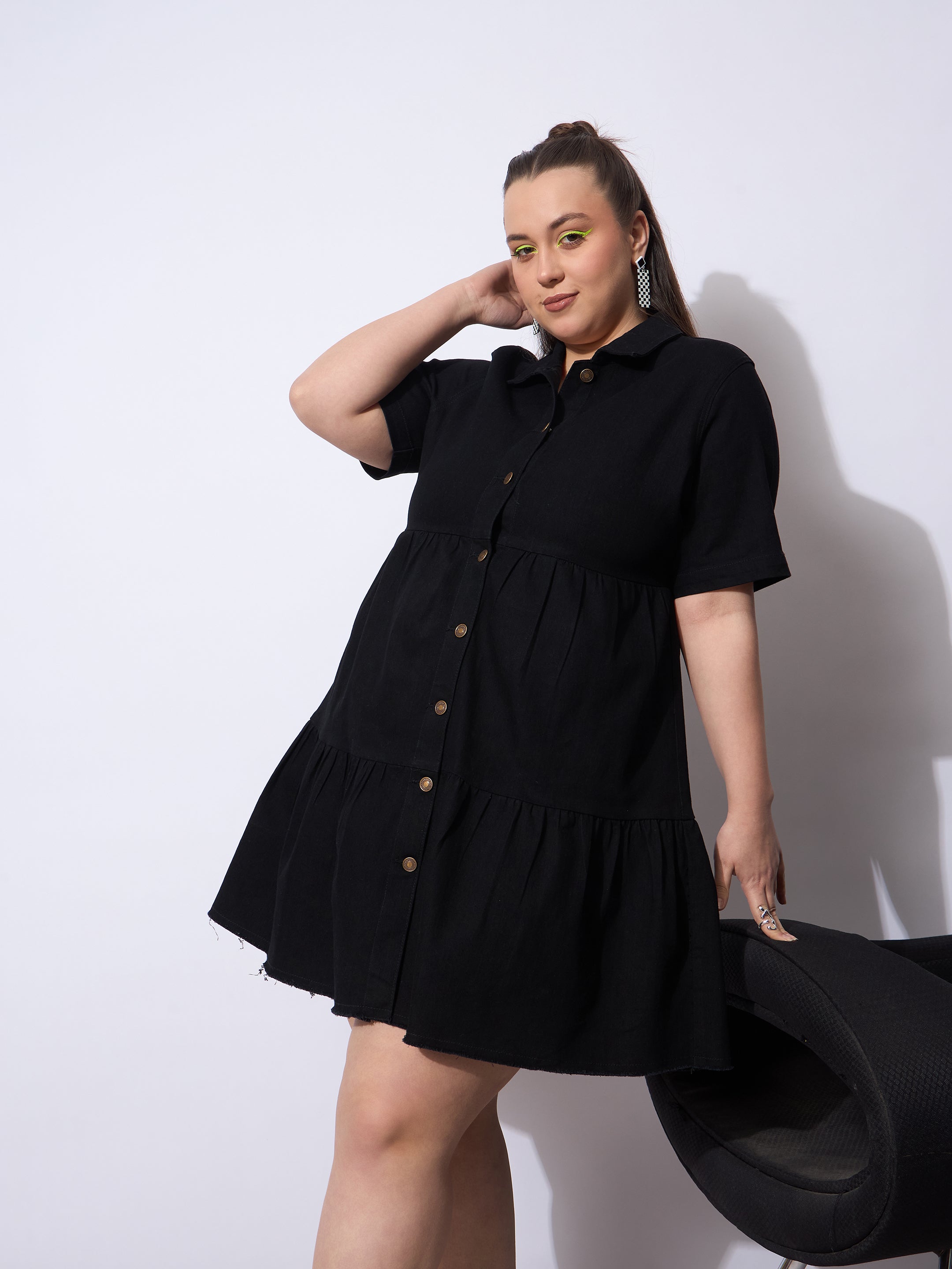 Women Black Wash Denim Short Tiered Dress-SFDRSS12906